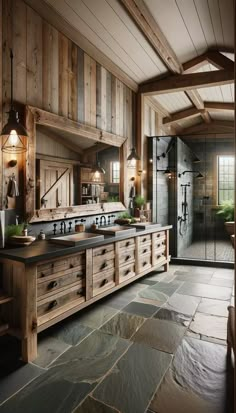 a rustic kitchen with stone flooring and wooden cabinets