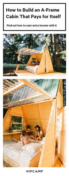 two pictures showing how to build this a frame cabin for $ 70 with instructions on the side