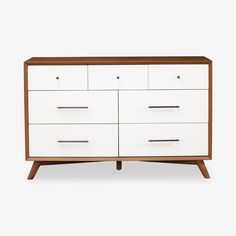 a white and brown dresser with drawers on it's sides, against a white background