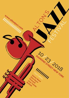 a poster for an art festival with a red instrument on the front and yellow background