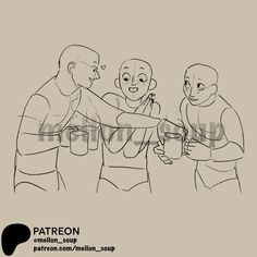 three men are talking to each other while one man is holding a cup in his hand