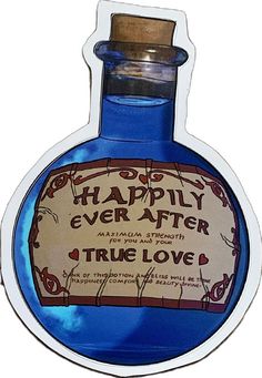 a blue bottle with the label happily ever after true love on it