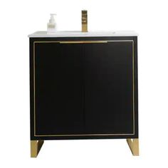 a black and gold cabinet with a white sink