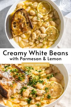 Two white bowls filled with beans, lemon slices, fresh thyme and grilled bread. Garlic White Beans, Creamy Lemon And Herb Beans, Refried White Beans Recipe, Creamy White Beans With Herb Oil, Braised Cannellini Beans, Greek White Beans, Stewed White Beans, Lemon Butter Beans