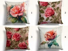 four different pillows with roses painted on them