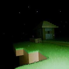 a small house in the middle of a grassy field at night with stars above it