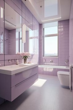 a bathroom with purple walls and flooring next to a bathtub, toilet and sink