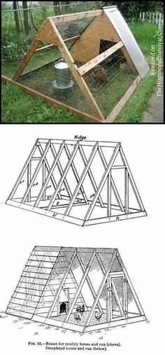 the plans for an outdoor chicken coop are shown in two different views, one is open and