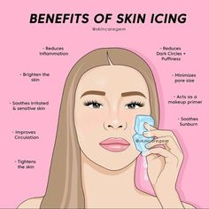 Skin icing, or applying ice to the skin, has several potential benefits:  1. **Reduces Puffiness**: Ice helps reduce swelling and puffiness, particularly around the eyes, by constricting blood vessels.     2. **Minimizes Pores**: Cold temperatures can help tighten the skin and minimize the appearance of enlarged pores.  3. **Reduces Inflammation**: Icing can soothe inflammation and reduce redness, making it beneficial for acne-prone skin.  4. **Boosts Circulation**: The cold increases blood flow to the area, which can give the skin a healthy, natural glow.  5. **Soothes Sunburn**: Applying ice can provide relief and reduce redness and inflammation from sunburn.  6. Enhances Product Absorption: Icing the skin before applying skincare products can help improve their absorption by closing Skin Icing, Skin Care Routine Order