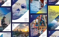 several brochures are shown with blue and yellow colors, including the image of shipping containers