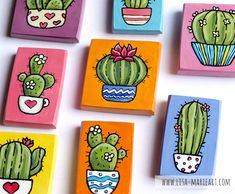 six painted wooden blocks with cactus designs on them