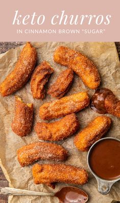 keto churros in cinnamon brown sugar on parchment paper next to dipping sauce