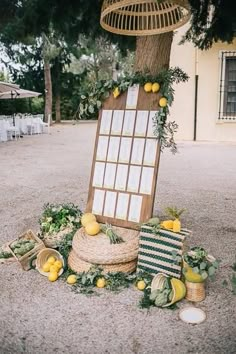 an outdoor seating area with lemons and greenery on the ground next to a tree