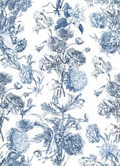 a blue and white floral wallpaper with lots of flowers on the bottom half of it