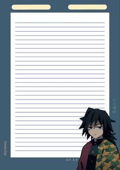 an anime character with black hair standing in front of a large sheet of lined paper