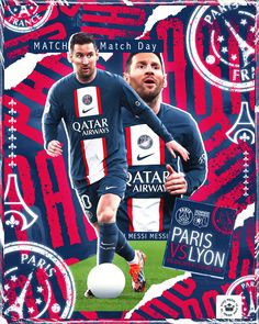 two soccer players are standing in front of a red, white and blue poster that says paris saint - germain