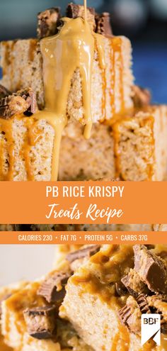 there is a piece of cake with caramel drizzle on top and the words pb rice krispy treats recipe below it