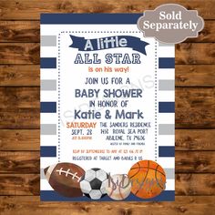 an all star baby shower is displayed on a wooden background with sports balls and stripes