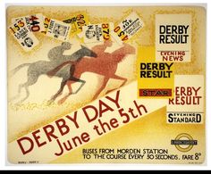 a poster for derby day with horses and jockeys on the front, in yellow