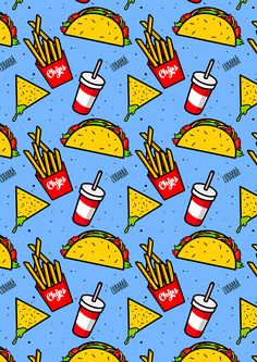 a blue background with tacos, fries and sodas on the bottom right corner