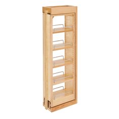 a wooden cabinet with six compartments and two shelves on one side, the door is open