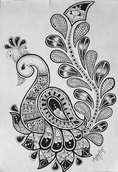 a black and white drawing of a peacock with intricate designs on it's feathers