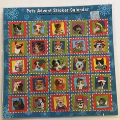 a calendar with pictures of dogs and cats on it's cover, in the shape of squares