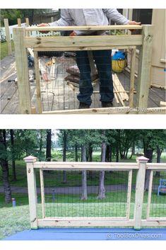 a man standing on top of a wooden deck next to a dog crate filled with dogs