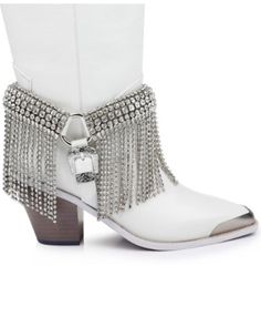 Snip toe. Pull tabs. Leather upper. Rhinestone fringe harness with buckle on side. Rubber outsole and heel cap. Western heel. Imported. Toe rand. Holiday Boots, Guest Wedding Dress, White Cowgirl Boots, Womens Cowgirl Boots, Rhinestone Fringe, High Noon, Heel Caps, Boots For Sale, Cowgirl Boots