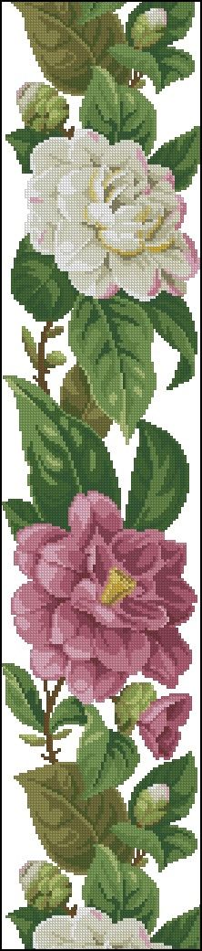 cross stitch pattern with flowers and leaves on the bottom half of it, in white and pink colors