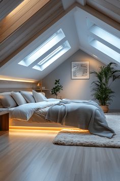 a bed sitting under a skylight in a bedroom