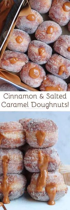 cinnamon and salted caramel doughnuts are stacked on top of each other