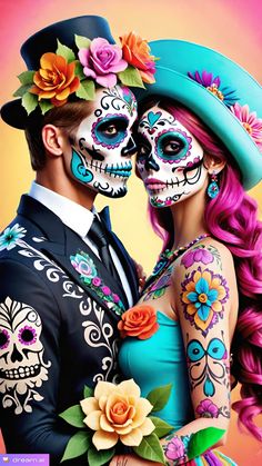 a man and woman are dressed up in day of the dead makeup