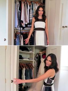 a woman standing in front of a closet filled with clothes