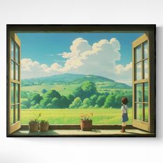 a painting of a child looking out an open window at a green field and mountains