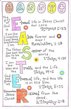 a poster with the words happy easter written in colorful letters and flowers on white paper