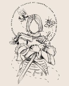 a black and white drawing of a woman holding a knife with bees flying around her