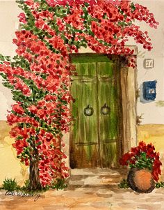 a painting of a green door surrounded by red flowers