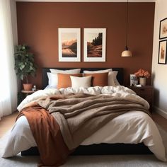 Transform your space into a warm and inviting cozy bedroom with these small bedroom ideas. Perfect for creating a snug and comfortable atmosphere. Burnt Orange Guest Bedroom, Bedroom Tan Carpet, Dark Orange Accent Wall, Rust Brown Bedroom, Muted Orange Bedroom, Cinnamon Bedroom Color Schemes, Orange And Brown Room Aesthetic, Burnt Orange Bedding Boho, Cream And Rust Bedroom