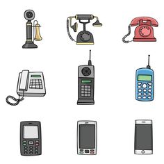 different types of telephones and phones on a white background