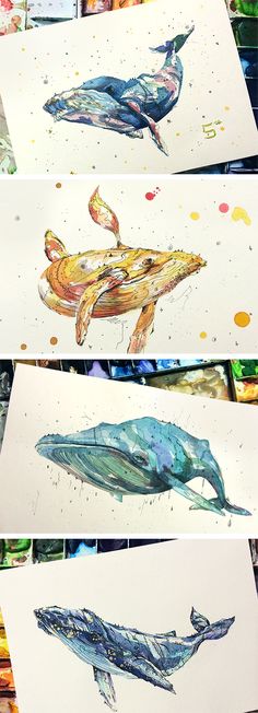 three pictures of different types of animals on paper