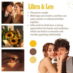 an advertisement for libra and leo with pictures of two people in front of them