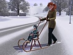 a woman pushing a child in a sleigh