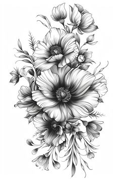 black and white drawing of flowers with leaves on the bottom half of each flower bouquet