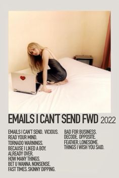 a woman sitting on top of a bed with a laptop computer in her hand and the caption says email is can't send fwd