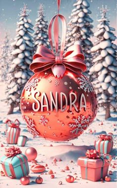 a christmas ornament with the word sandra hanging from it's side