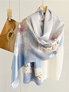 Top Rated Pure Mulberry Satin Silk Shawl Neckerchief Flower Print Oblong Scarf 170cm Blue, Women's Scarves Wraps Elegant Blue Shawl For Spring, Elegant Blue Silk Scarf For Spring, Blue Shawl Scarves For Spring, Summer Shawl Scarf With Floral Print, Casual Blue Silk Scarf For Spring, Elegant Blue Shawl For Summer, Elegant Summer Blue Shawl, Elegant Blue Summer Shawl, White Silk Shawl Scarf For Spring