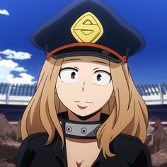 an anime character with long blonde hair wearing a police uniform and looking at the camera