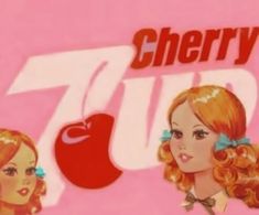 there are two women standing next to each other in front of a pink sign that says cherry juice