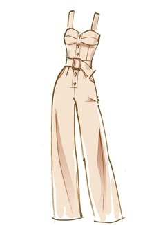 a drawing of a women's jumpsuit with high waist and belted pants